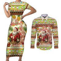 Hawaiian Santa Aloha Pineapple Christmas Couples Matching Short Sleeve Bodycon Dress and Long Sleeve Button Shirt Mele Kalikimaka - Polynesian Pride
