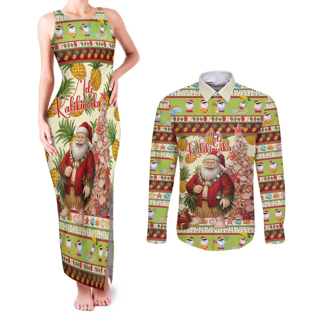 Hawaiian Santa Aloha Pineapple Christmas Couples Matching Tank Maxi Dress and Long Sleeve Button Shirt Mele Kalikimaka - Polynesian Pride