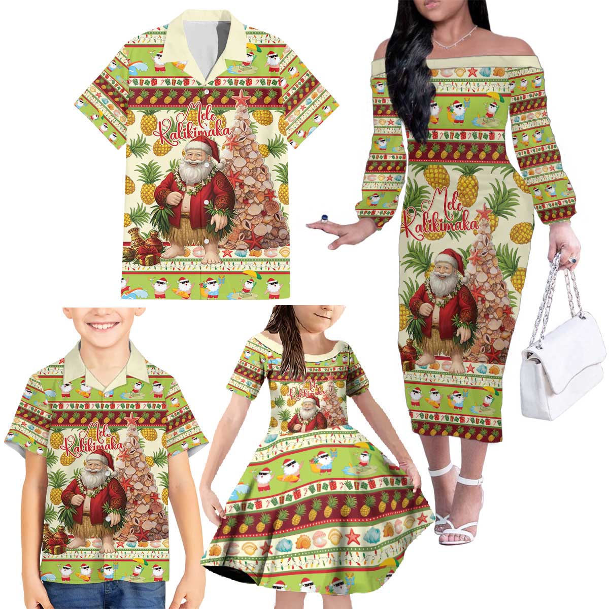 Hawaiian Santa Aloha Pineapple Christmas Family Matching Off The Shoulder Long Sleeve Dress and Hawaiian Shirt Mele Kalikimaka - Polynesian Pride