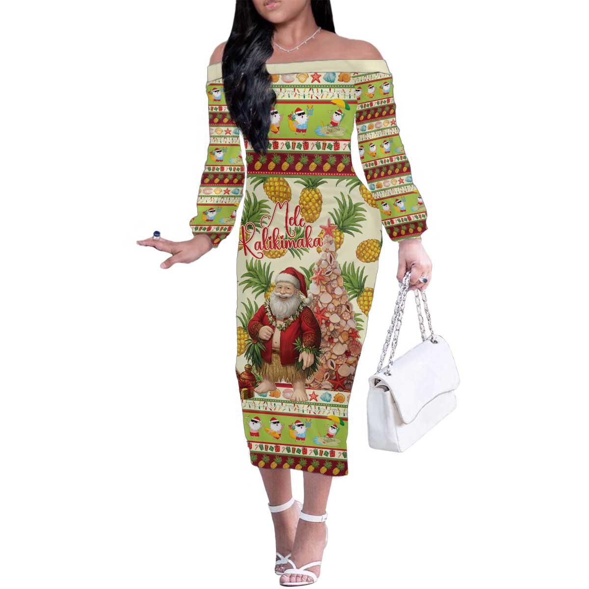 Hawaiian Santa Aloha Pineapple Christmas Family Matching Off The Shoulder Long Sleeve Dress and Hawaiian Shirt Mele Kalikimaka - Polynesian Pride