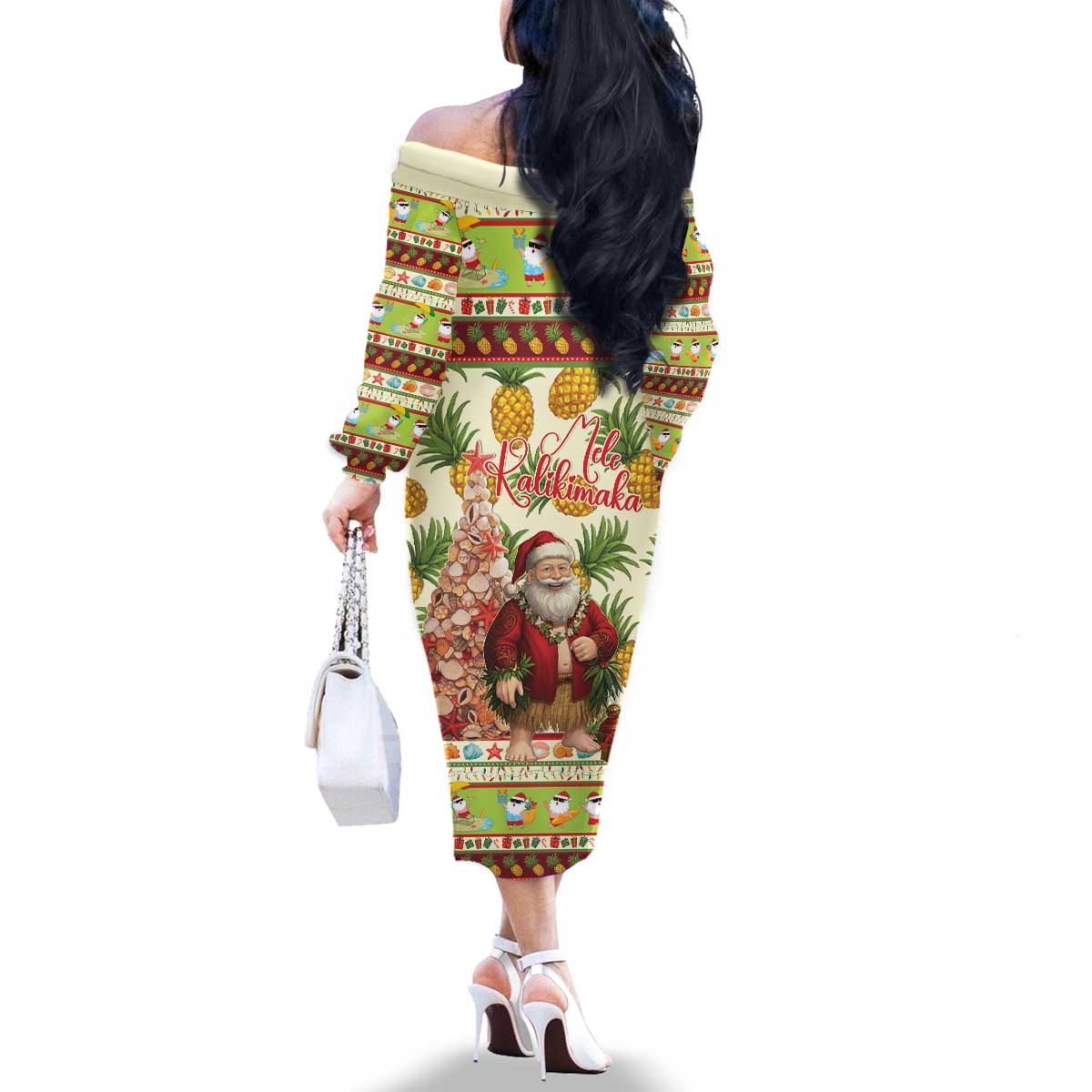 Hawaiian Santa Aloha Pineapple Christmas Family Matching Off The Shoulder Long Sleeve Dress and Hawaiian Shirt Mele Kalikimaka - Polynesian Pride