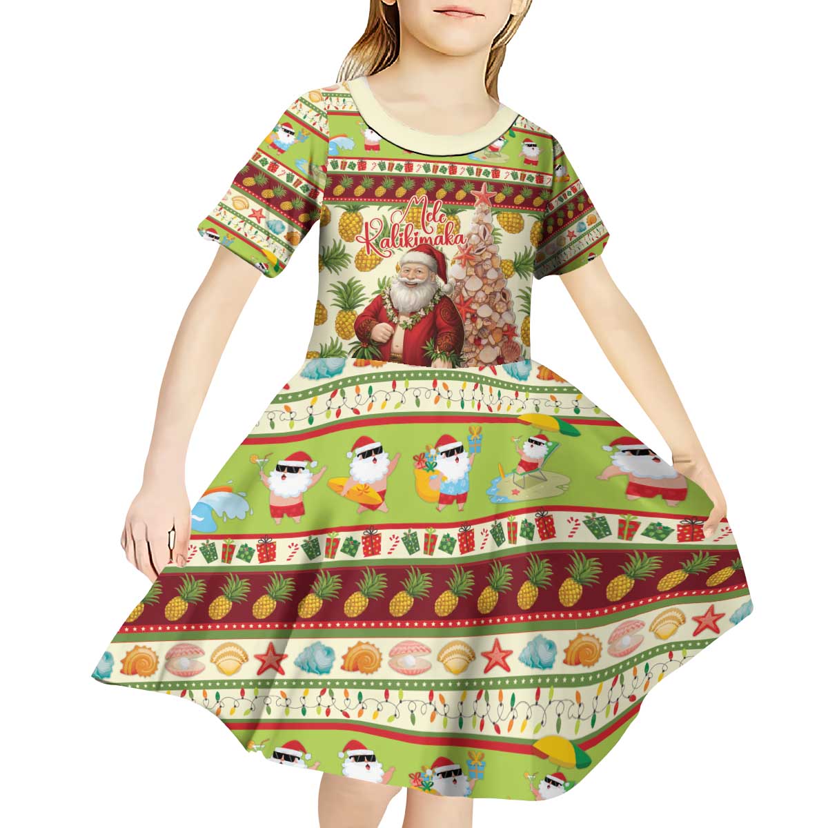 Hawaiian Santa Aloha Pineapple Christmas Kid Short Sleeve Dress Mele Kalikimaka - Polynesian Pride