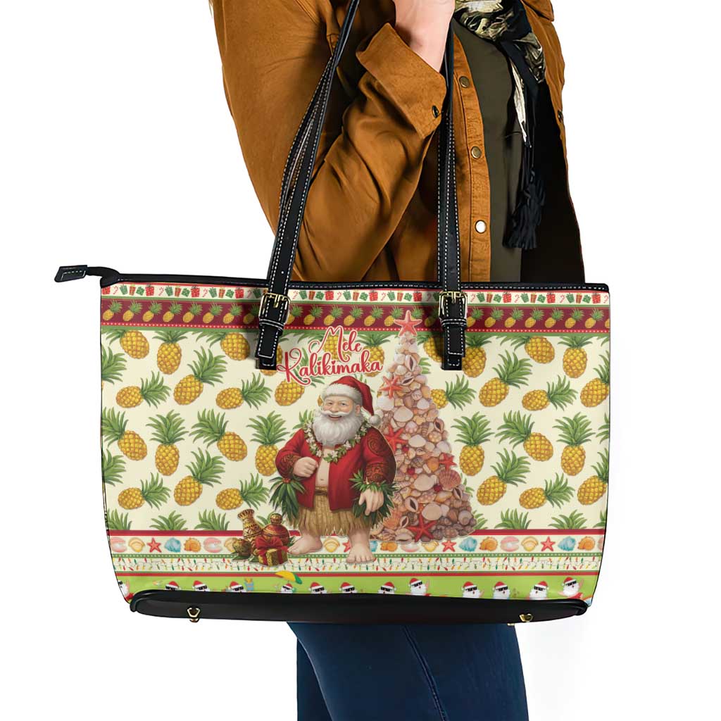 Hawaiian Santa Aloha Pineapple Christmas Leather Tote Bag Mele Kalikimaka LT15 - Polynesian Pride