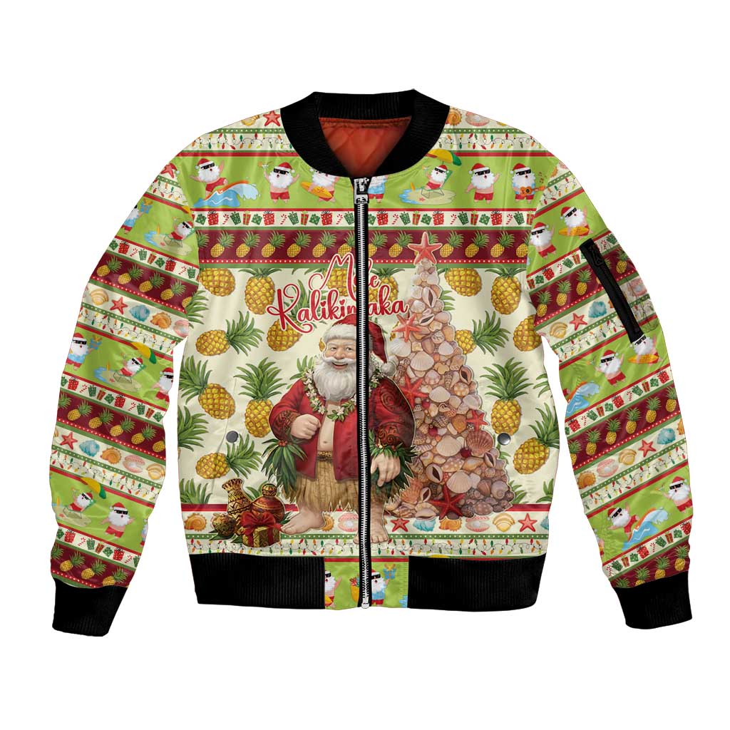 Hawaiian Santa Aloha Pineapple Christmas Sleeve Zip Bomber Jacket Mele Kalikimaka - Polynesian Pride