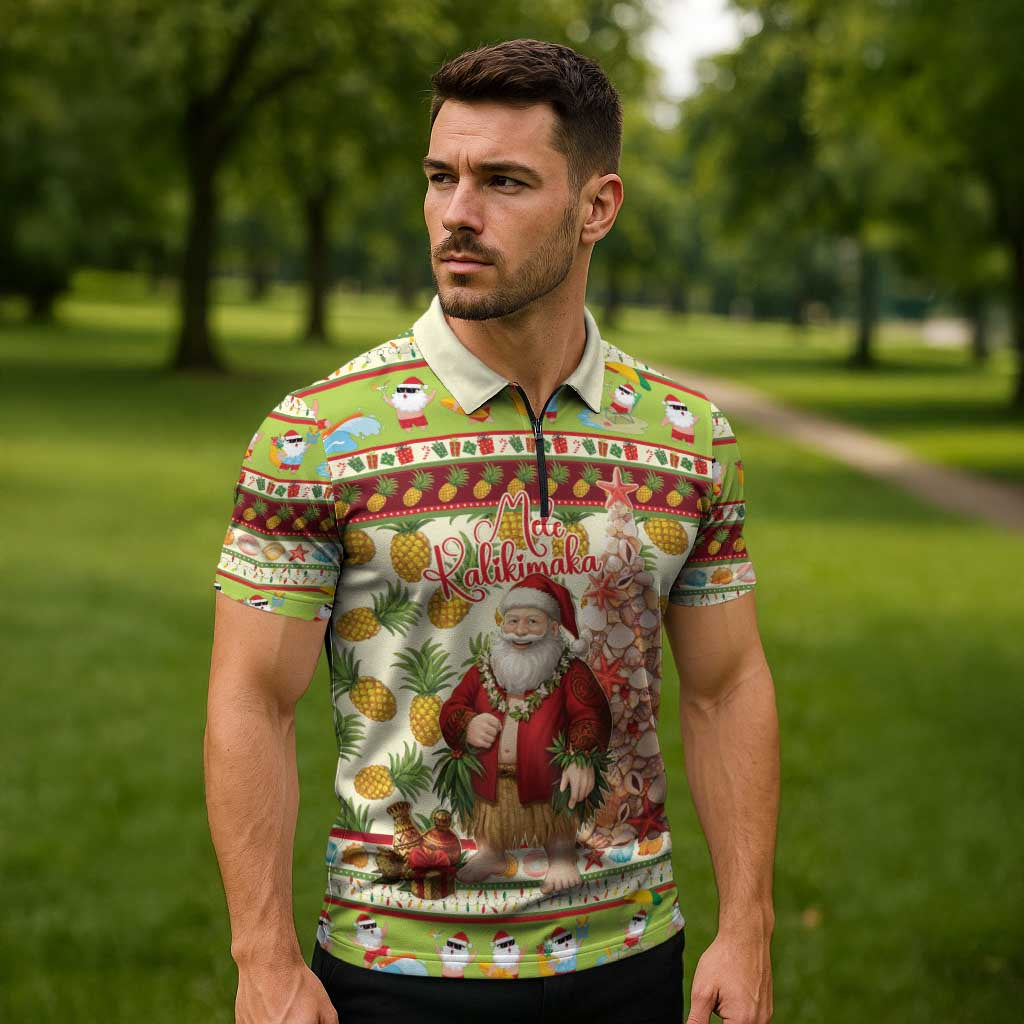 Hawaiian Santa Aloha Pineapple Christmas Zipper Polo Shirt Mele Kalikimaka - Polynesian Pride
