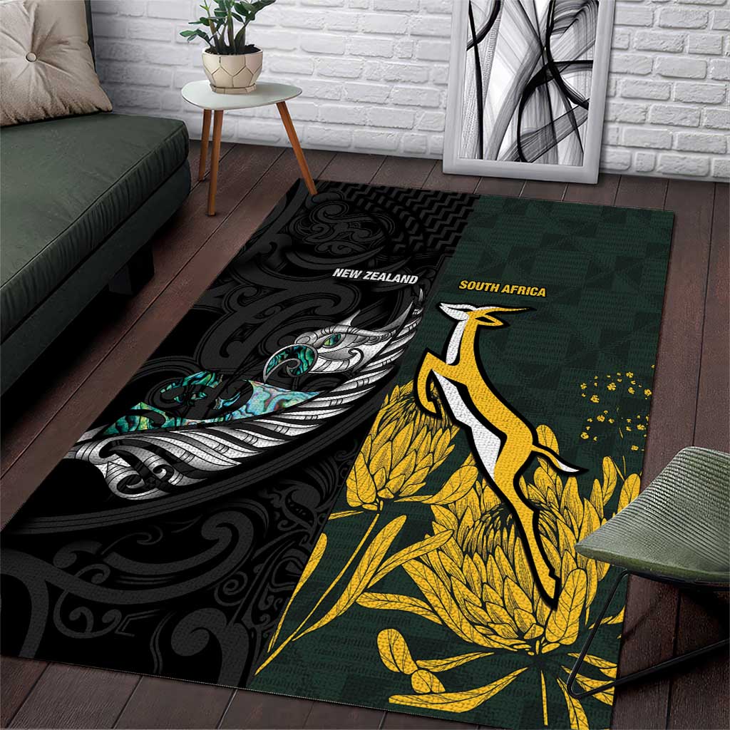 New Zealand and South Africa Rugby Area Rug Silver Fern With Springboks LT15 Black - Polynesian Pride