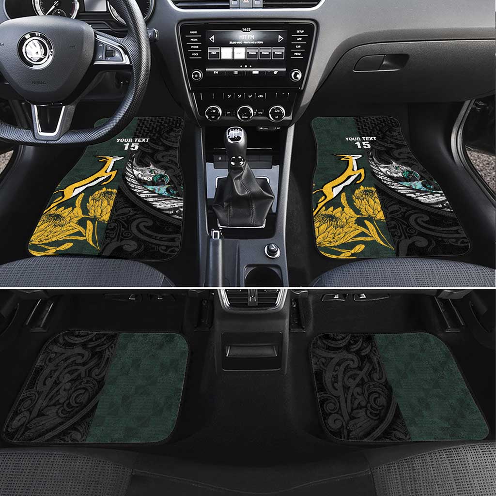 New Zealand and South Africa Rugby Car Mats Silver Fern With Springboks LT15 Set 4pcs Black - Polynesian Pride