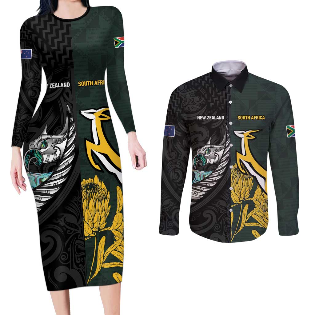 New Zealand and South Africa Rugby Custom Couples Matching Long Sleeve Bodycon Dress and Long Sleeve Button Shirt Silver Fern With Springboks LT15 Black - Polynesian Pride
