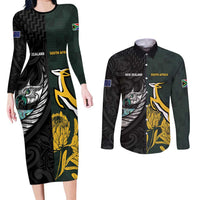 New Zealand and South Africa Rugby Custom Couples Matching Long Sleeve Bodycon Dress and Long Sleeve Button Shirt Silver Fern With Springboks LT15 Black - Polynesian Pride