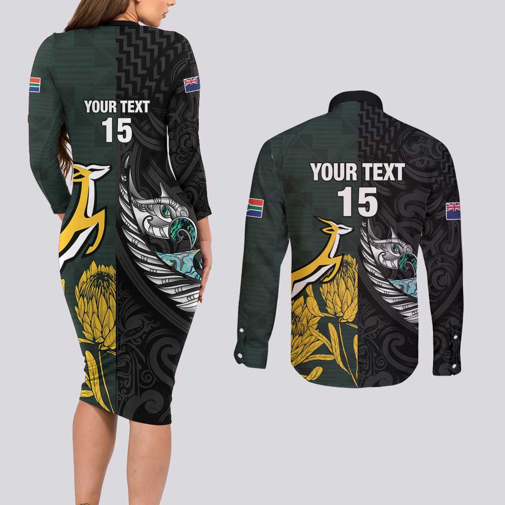 New Zealand and South Africa Rugby Custom Couples Matching Long Sleeve Bodycon Dress and Long Sleeve Button Shirt Silver Fern With Springboks LT15 - Polynesian Pride