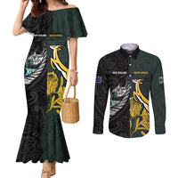 New Zealand and South Africa Rugby Custom Couples Matching Mermaid Dress and Long Sleeve Button Shirt Silver Fern With Springboks LT15 Black - Polynesian Pride