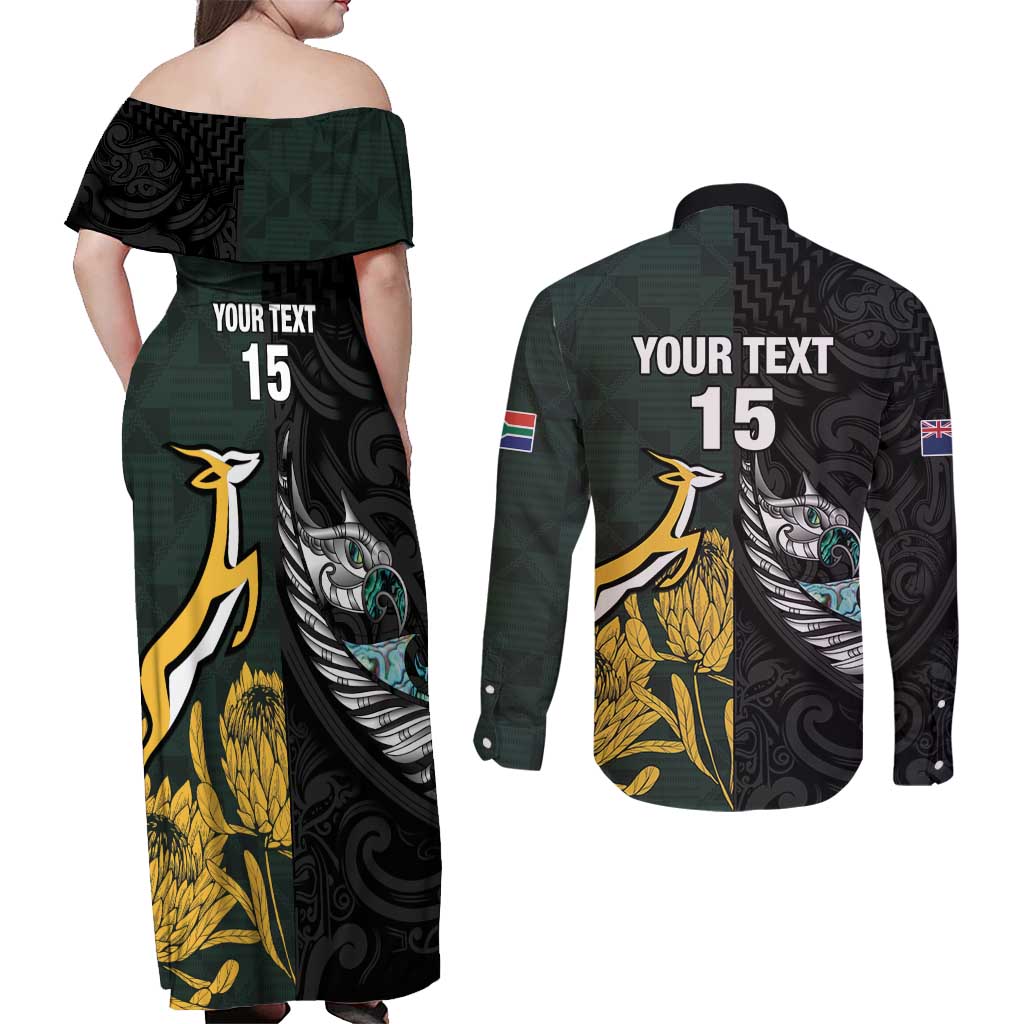 New Zealand and South Africa Rugby Custom Couples Matching Off Shoulder Maxi Dress and Long Sleeve Button Shirt Silver Fern With Springboks