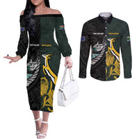 New Zealand and South Africa Rugby Custom Couples Matching Off The Shoulder Long Sleeve Dress and Long Sleeve Button Shirt Silver Fern With Springboks LT15 Black - Polynesian Pride