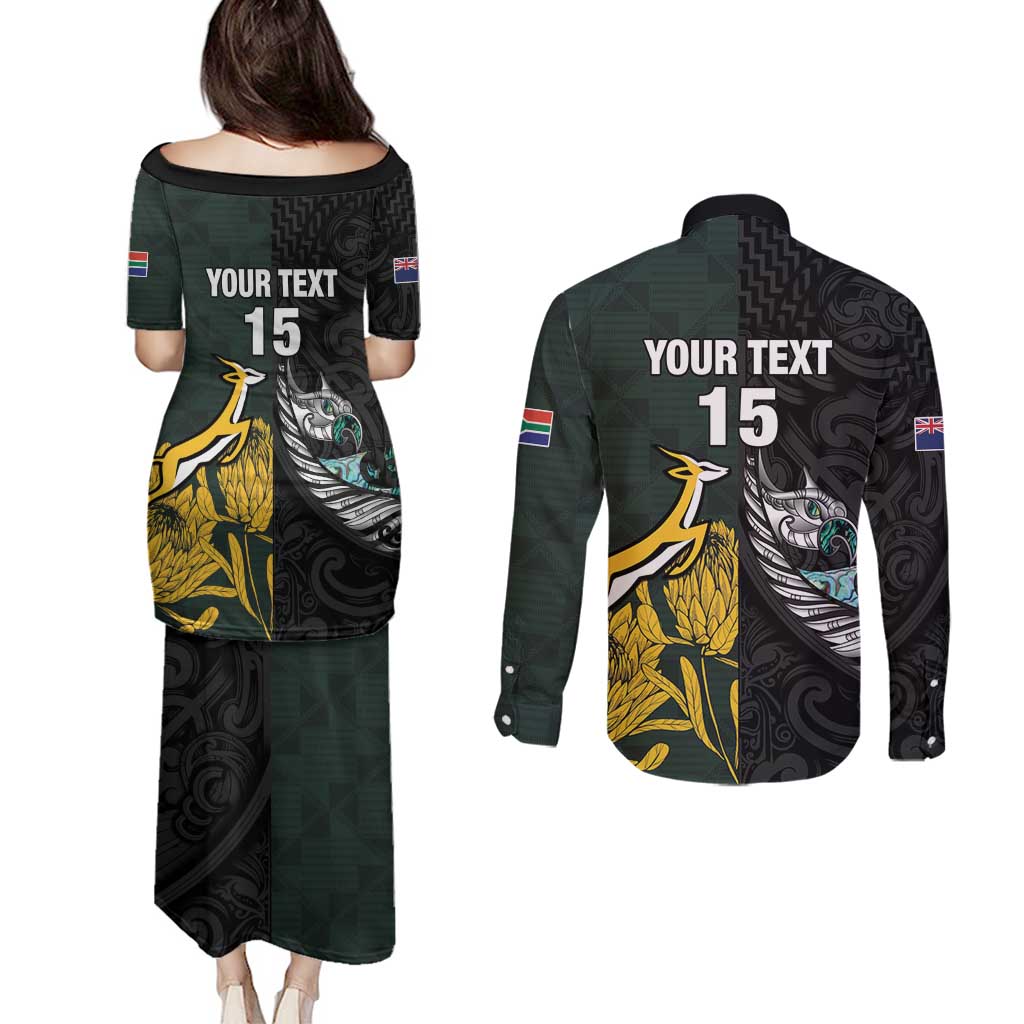 New Zealand and South Africa Rugby Custom Couples Matching Puletasi and Long Sleeve Button Shirt Silver Fern With Springboks