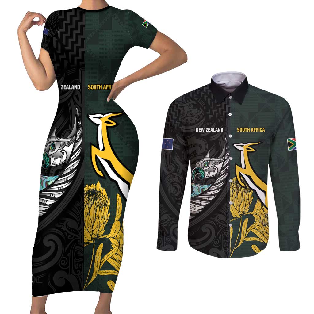 New Zealand and South Africa Rugby Custom Couples Matching Short Sleeve Bodycon Dress and Long Sleeve Button Shirt Silver Fern With Springboks LT15 Black - Polynesian Pride