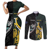 New Zealand and South Africa Rugby Custom Couples Matching Short Sleeve Bodycon Dress and Long Sleeve Button Shirt Silver Fern With Springboks LT15 Black - Polynesian Pride
