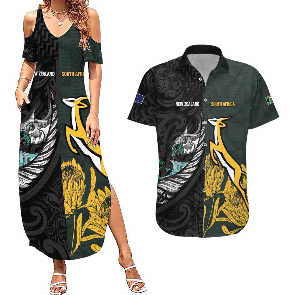 New Zealand and South Africa Rugby Custom Couples Matching Summer Maxi Dress and Hawaiian Shirt Silver Fern With Springboks