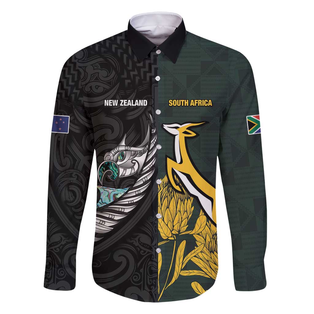 New Zealand and South Africa Rugby Custom Family Matching Long Sleeve Bodycon Dress and Hawaiian Shirt Silver Fern With Springboks LT15 Dad's Shirt - Long Sleeve Black - Polynesian Pride