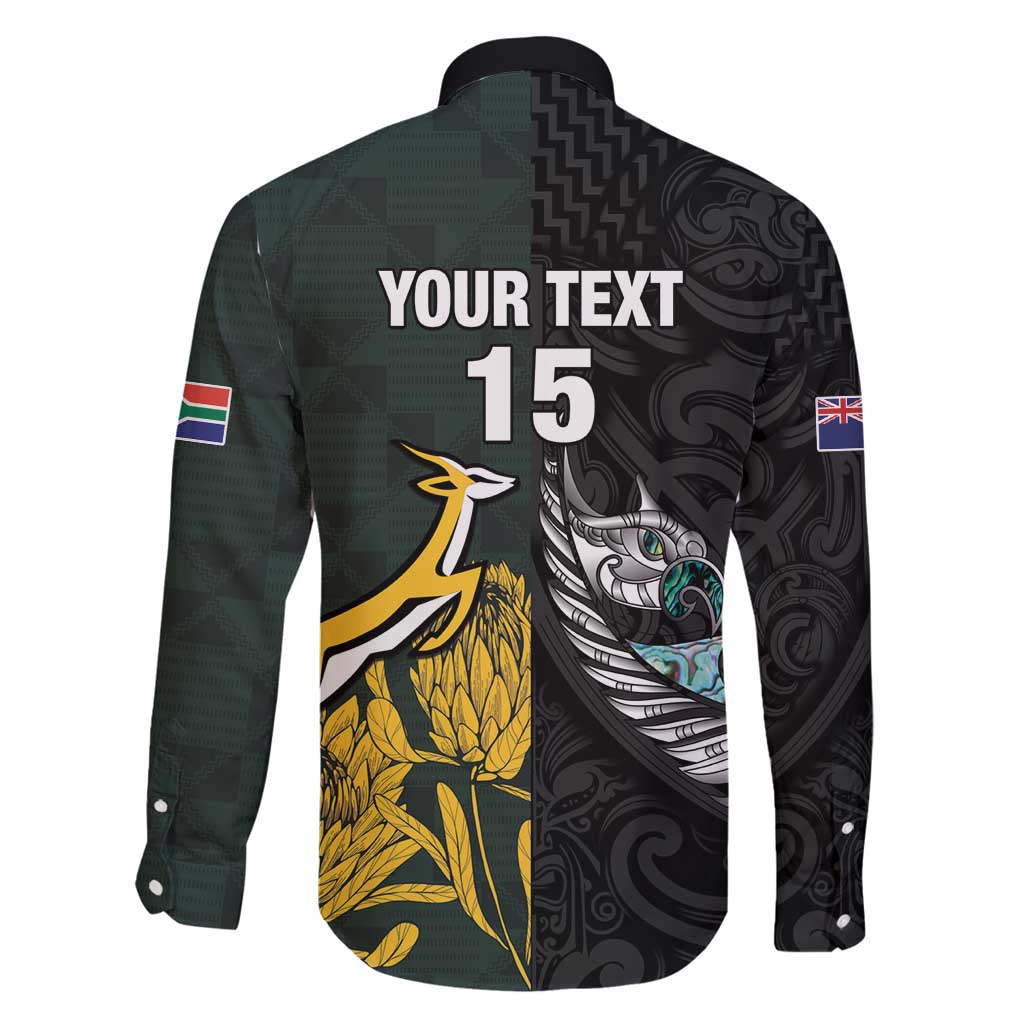 New Zealand and South Africa Rugby Custom Family Matching Long Sleeve Bodycon Dress and Hawaiian Shirt Silver Fern With Springboks LT15 - Polynesian Pride