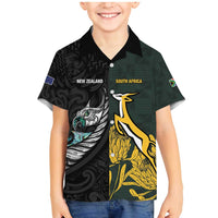 New Zealand and South Africa Rugby Custom Family Matching Mermaid Dress and Hawaiian Shirt Silver Fern With Springboks LT15 Son's Shirt Black - Polynesian Pride