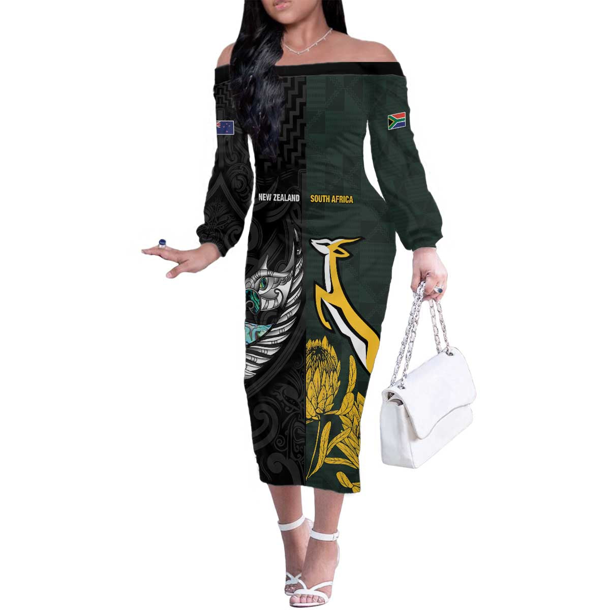New Zealand and South Africa Rugby Custom Family Matching Off The Shoulder Long Sleeve Dress and Hawaiian Shirt Silver Fern With Springboks