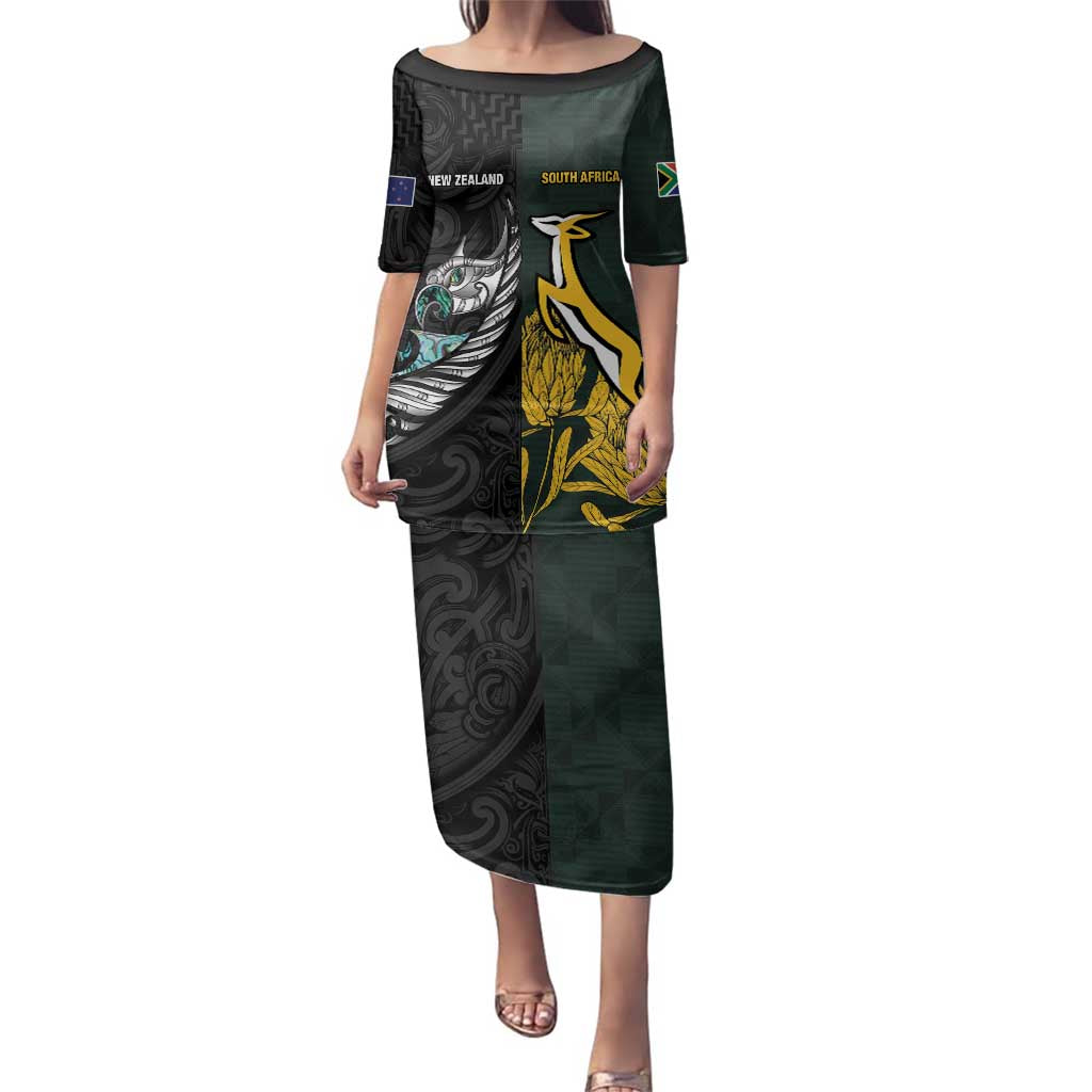 New Zealand and South Africa Rugby Custom Family Matching Puletasi and Hawaiian Shirt Silver Fern With Springboks LT15 Mom's Dress Black - Polynesian Pride
