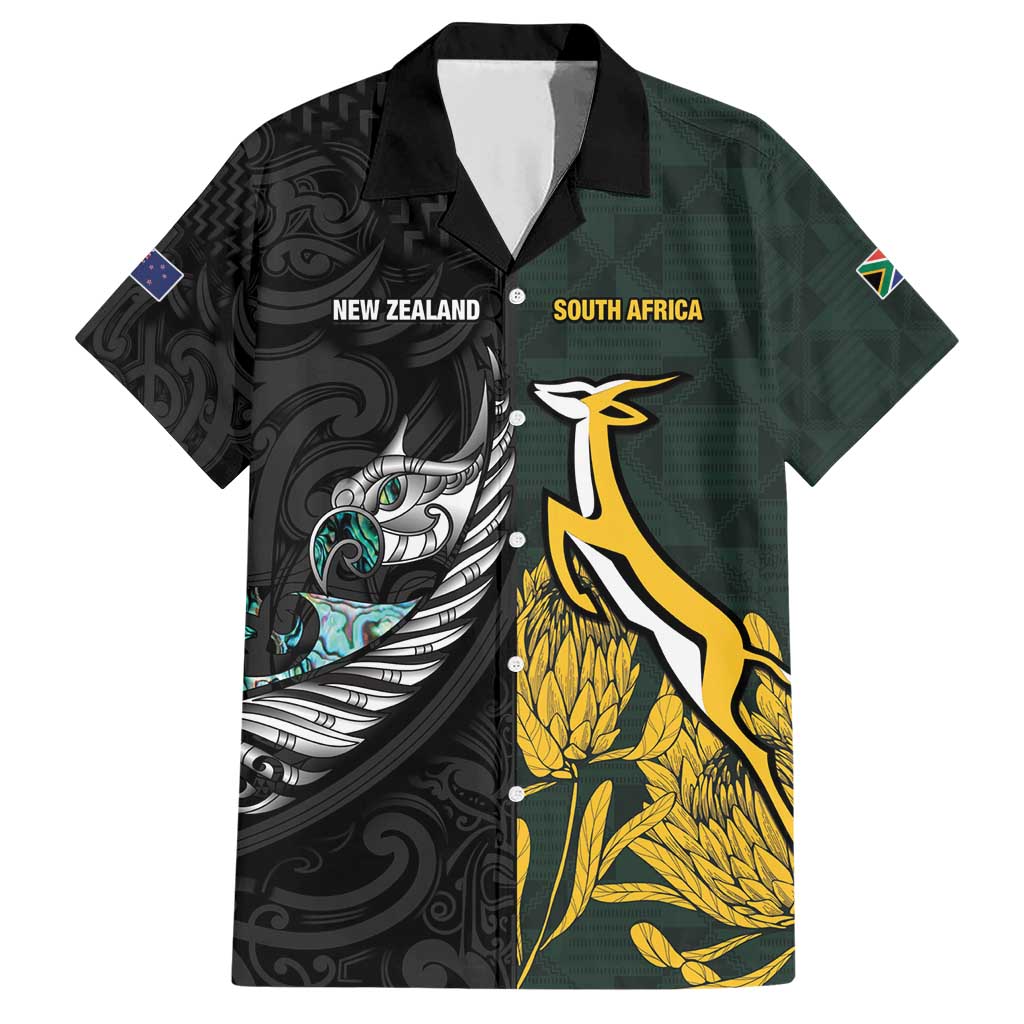 New Zealand and South Africa Rugby Custom Family Matching Short Sleeve Bodycon Dress and Hawaiian Shirt Silver Fern With Springboks LT15 Dad's Shirt - Short Sleeve Black - Polynesian Pride