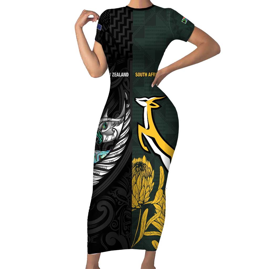 New Zealand and South Africa Rugby Custom Family Matching Short Sleeve Bodycon Dress and Hawaiian Shirt Silver Fern With Springboks LT15 Mom's Dress Black - Polynesian Pride