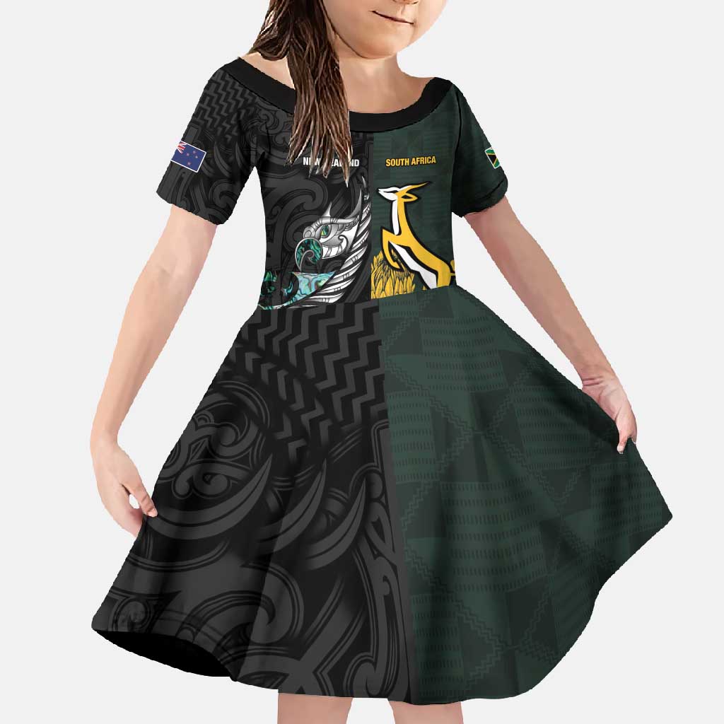 New Zealand and South Africa Rugby Custom Family Matching Summer Maxi Dress and Hawaiian Shirt Silver Fern With Springboks LT15 Daughter's Dress Black - Polynesian Pride
