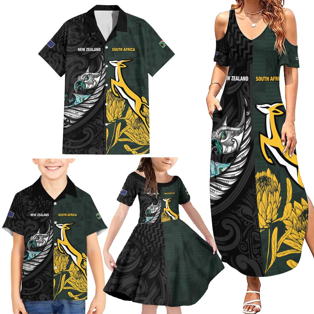 New Zealand and South Africa Rugby Custom Family Matching Summer Maxi Dress and Hawaiian Shirt Silver Fern With Springboks LT15 - Polynesian Pride