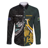New Zealand and South Africa Rugby Custom Family Matching Tank Maxi Dress and Hawaiian Shirt Silver Fern With Springboks LT15 Dad's Shirt - Long Sleeve Black - Polynesian Pride