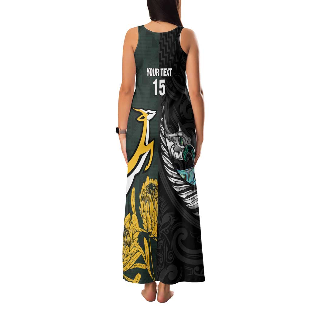 New Zealand and South Africa Rugby Custom Family Matching Tank Maxi Dress and Hawaiian Shirt Silver Fern With Springboks LT15 - Polynesian Pride