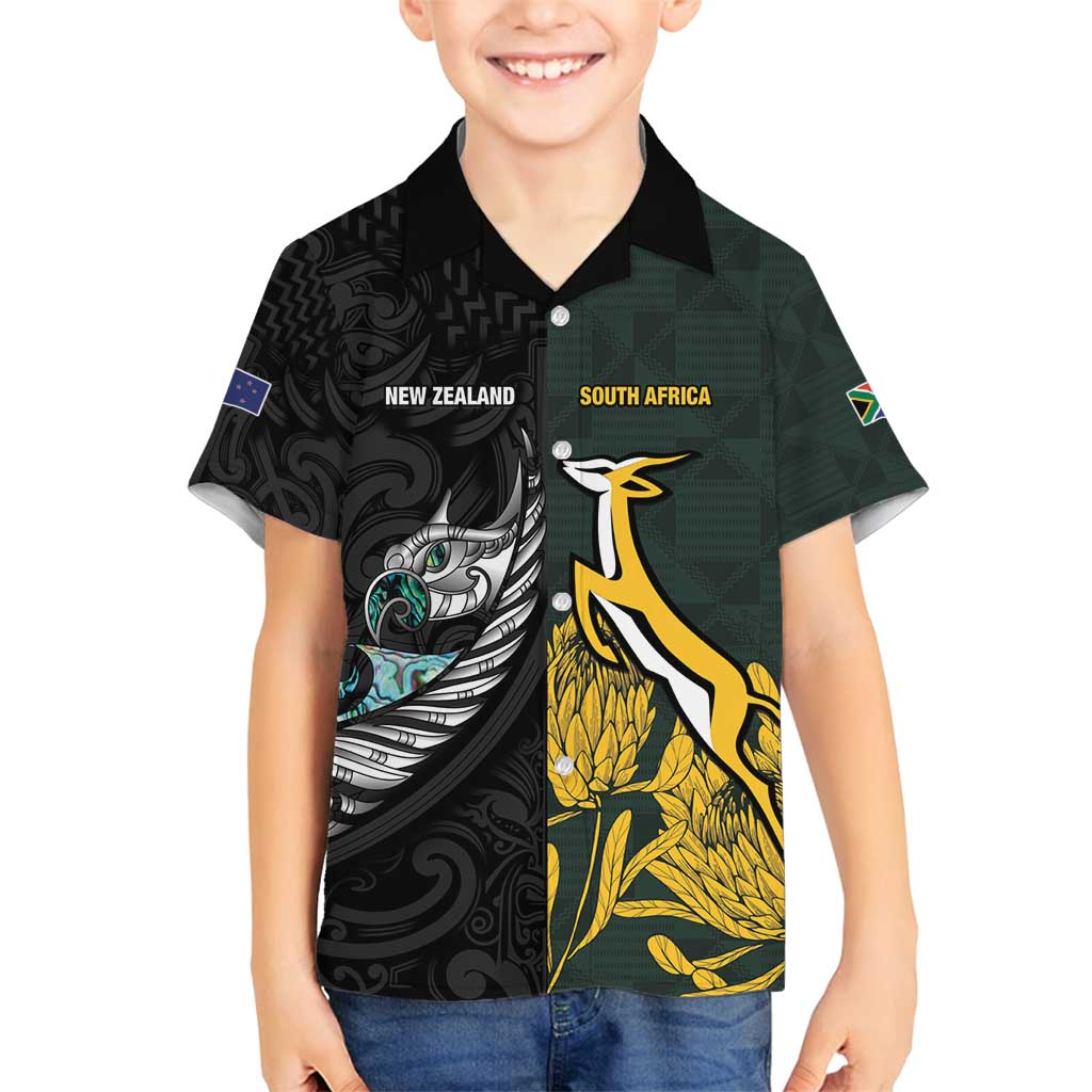 New Zealand and South Africa Rugby Custom Family Matching Tank Maxi Dress and Hawaiian Shirt Silver Fern With Springboks LT15 Son's Shirt Black - Polynesian Pride