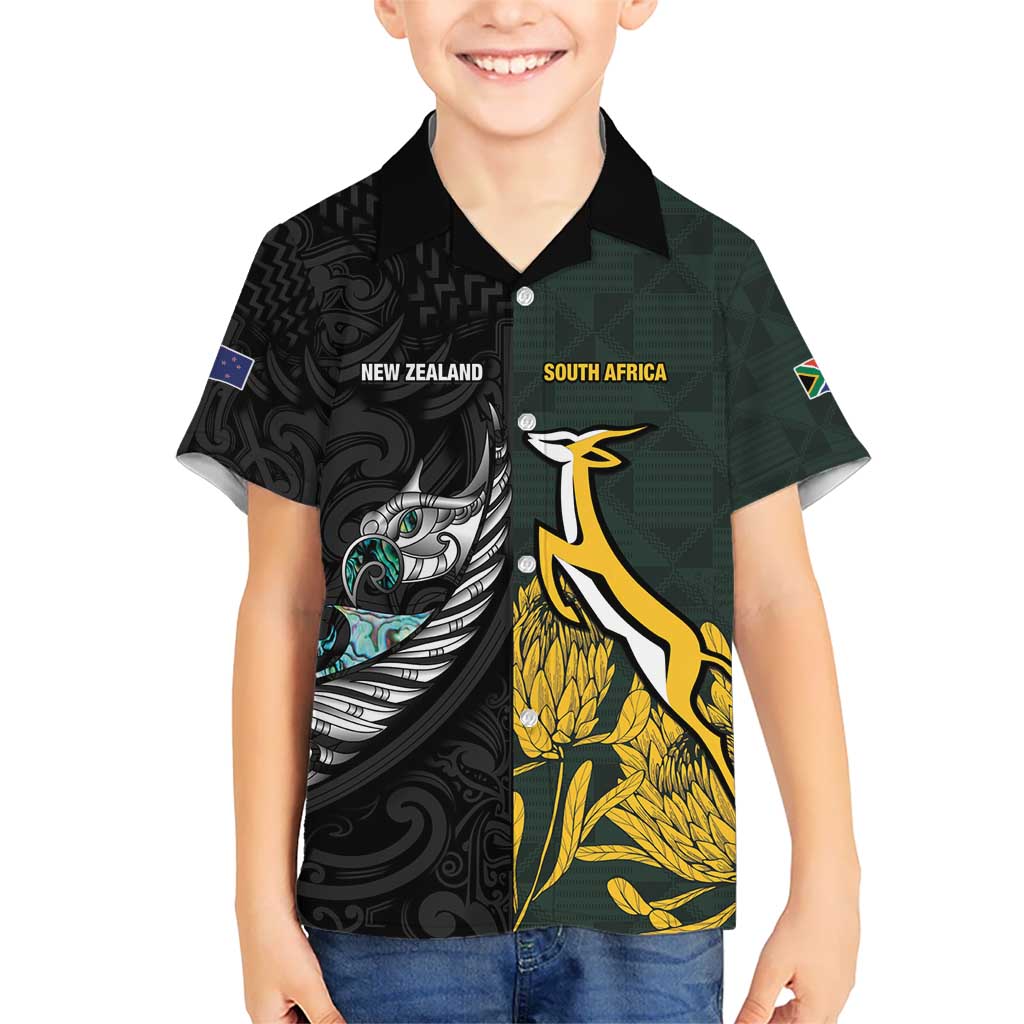 New Zealand and South Africa Rugby Custom Kid Hawaiian Shirt Silver Fern With Springboks LT15 Kid Black - Polynesian Pride