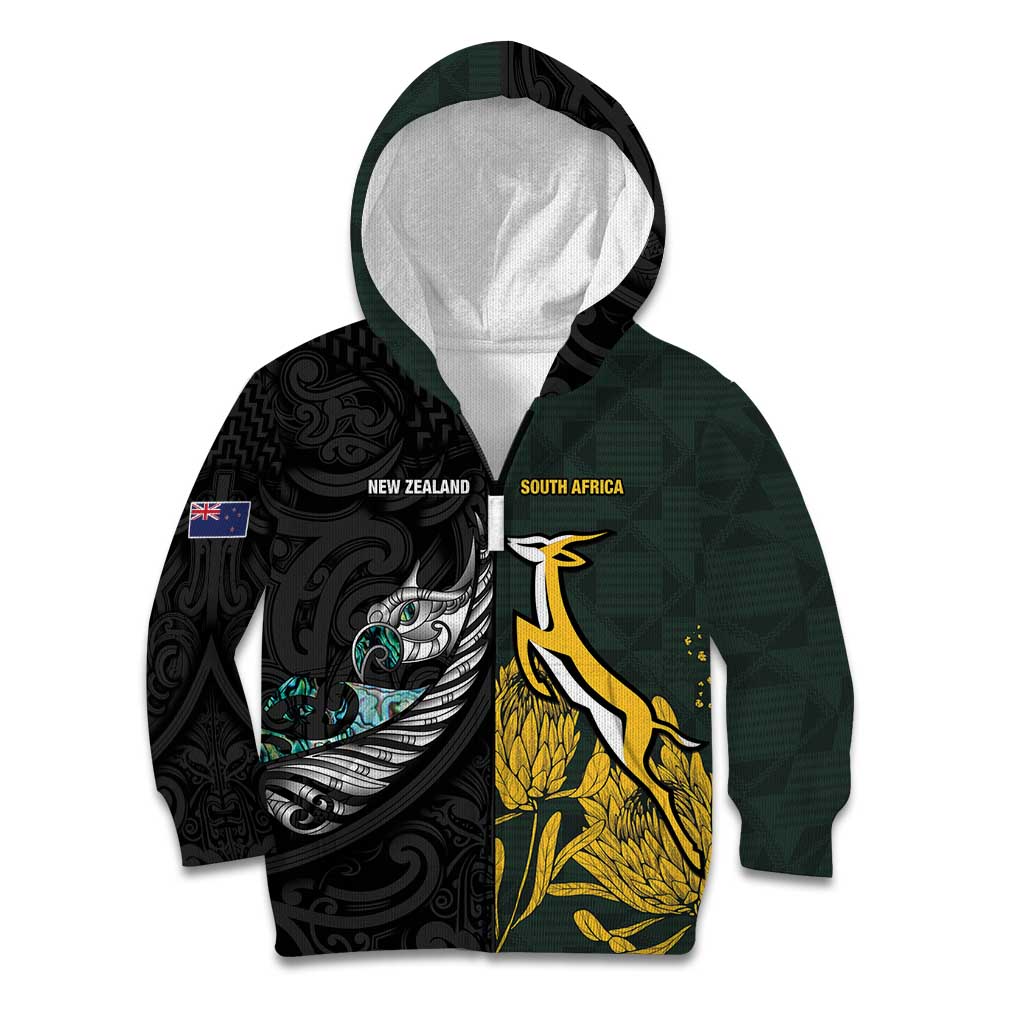 New Zealand and South Africa Rugby Custom Kid Hoodie Silver Fern With Springboks