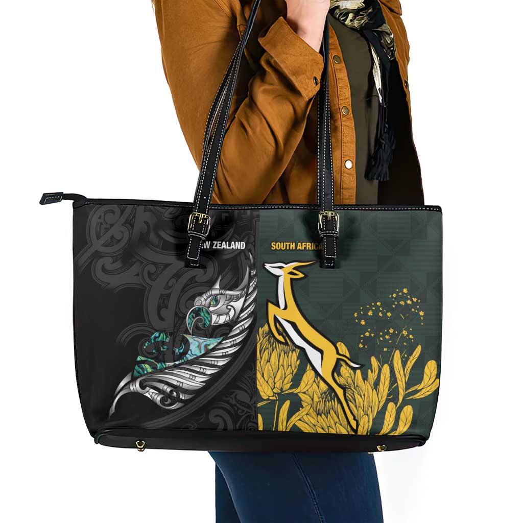 New Zealand and South Africa Rugby Leather Tote Bag Silver Fern With Springboks LT15 - Polynesian Pride