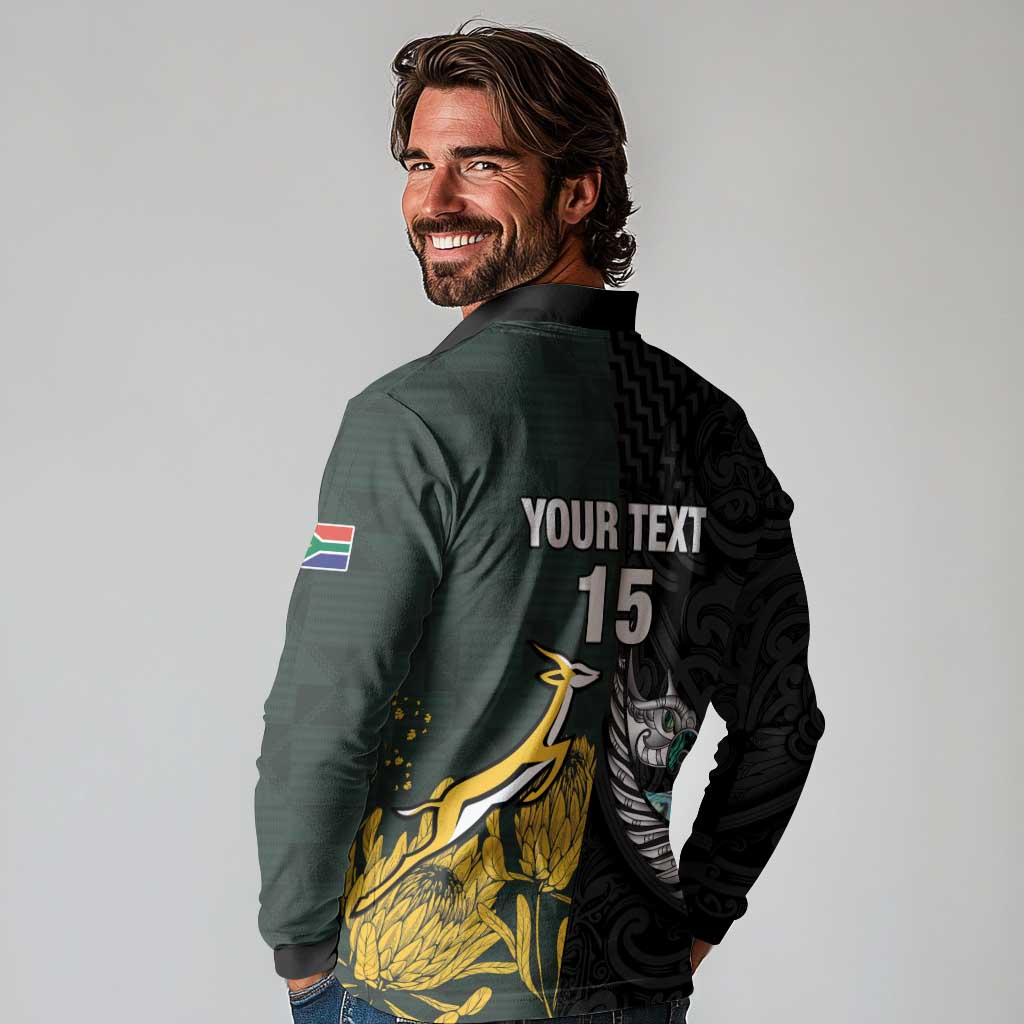 New Zealand and South Africa Rugby Custom Long Sleeve Polo Shirt Silver Fern With Springboks