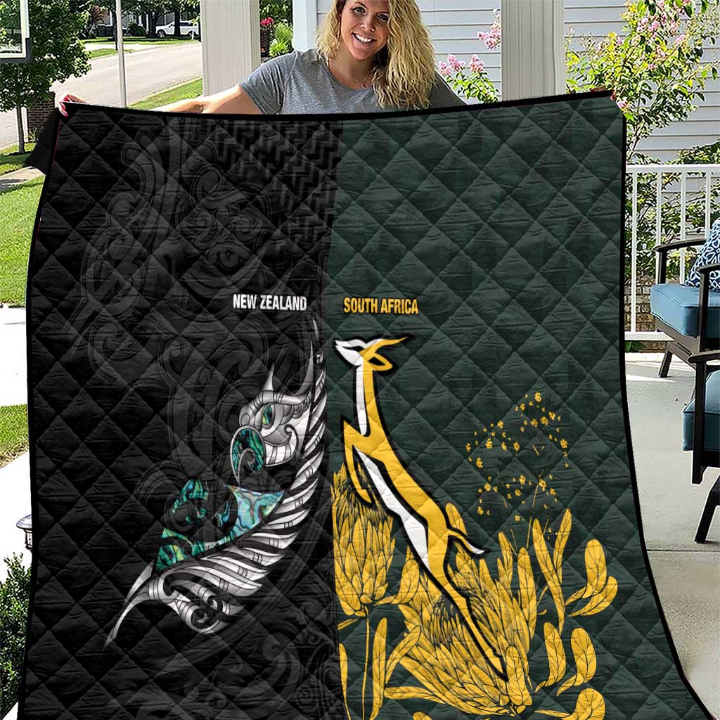 New Zealand and South Africa Rugby Quilt Silver Fern With Springboks LT15 Black - Polynesian Pride