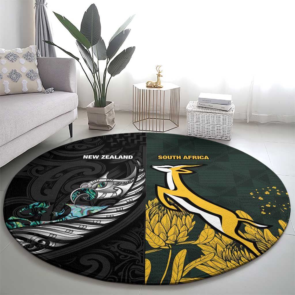 New Zealand and South Africa Rugby Round Carpet Silver Fern With Springboks