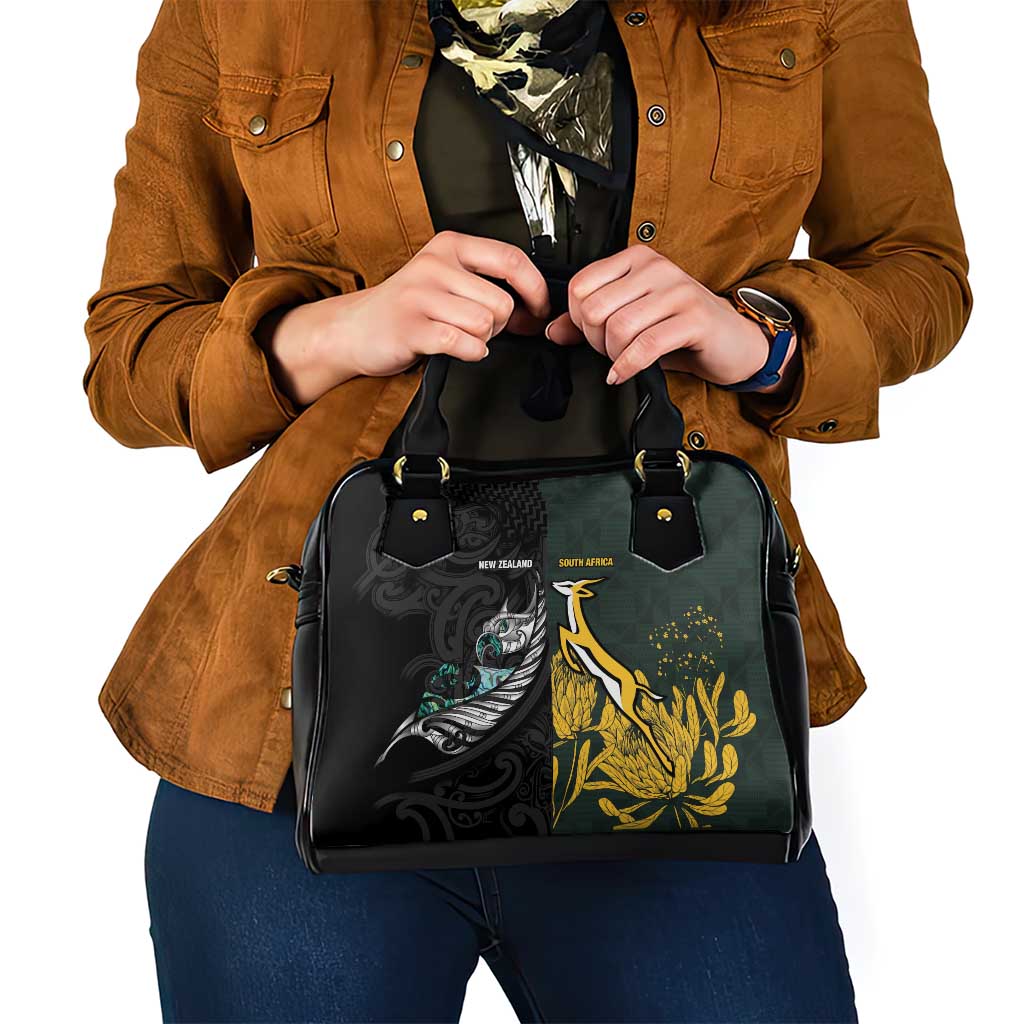 New Zealand and South Africa Rugby Shoulder Handbag Silver Fern With Springboks