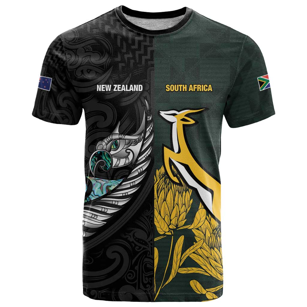 New Zealand and South Africa Rugby Custom T Shirt Silver Fern With Springboks LT15 Black - Polynesian Pride
