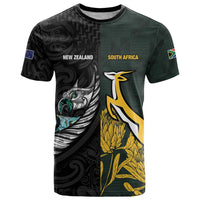New Zealand and South Africa Rugby Custom T Shirt Silver Fern With Springboks LT15 Black - Polynesian Pride
