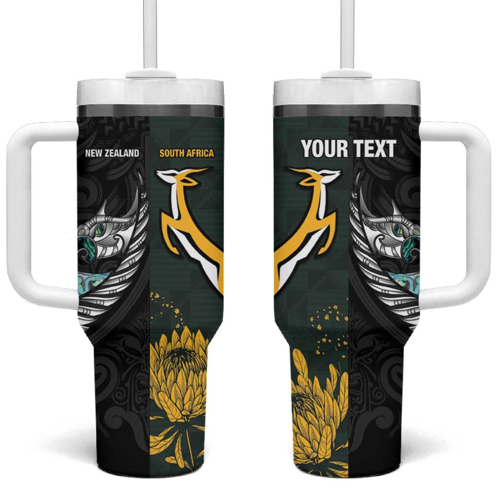 New Zealand and South Africa Rugby Custom Tumbler With Handle Silver Fern With Springboks LT15 One Size: 40 oz Black - Polynesian Pride