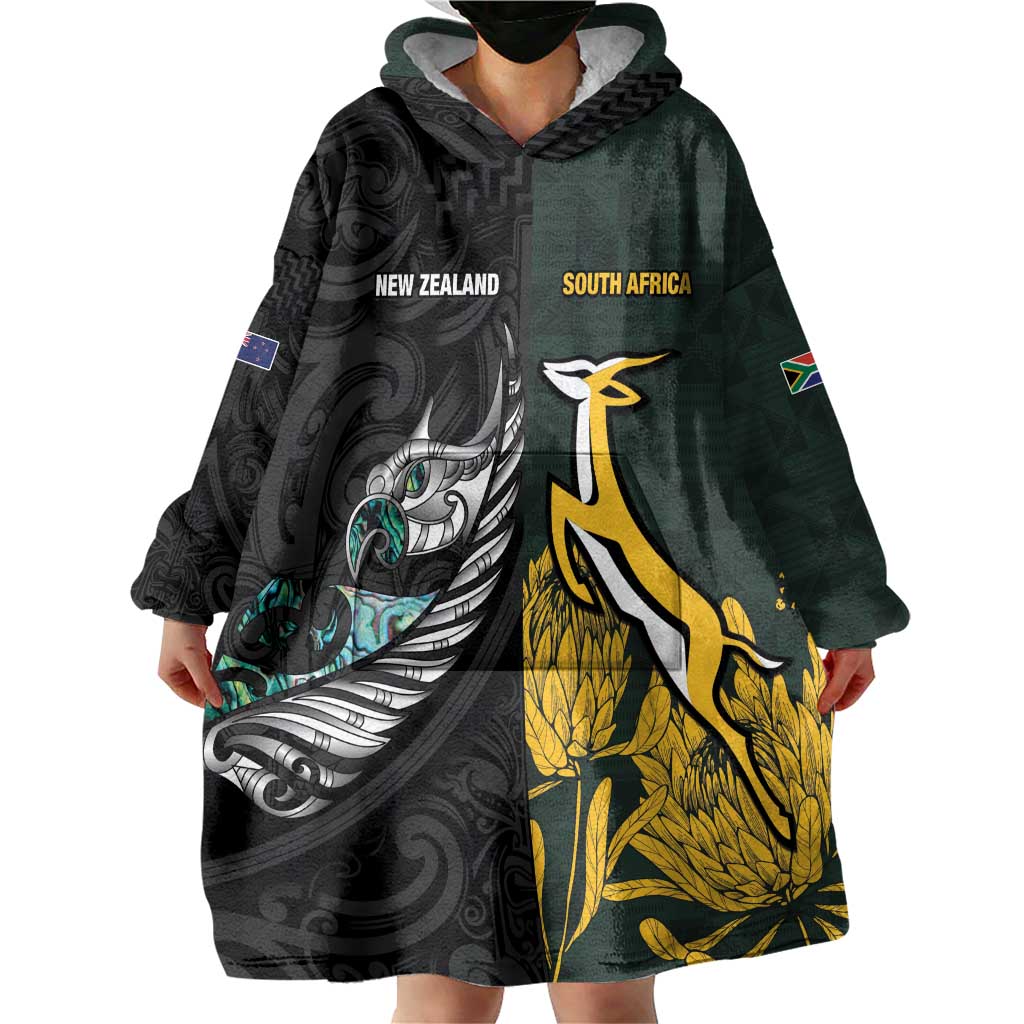 New Zealand and South Africa Rugby Custom Wearable Blanket Hoodie Silver Fern With Springboks