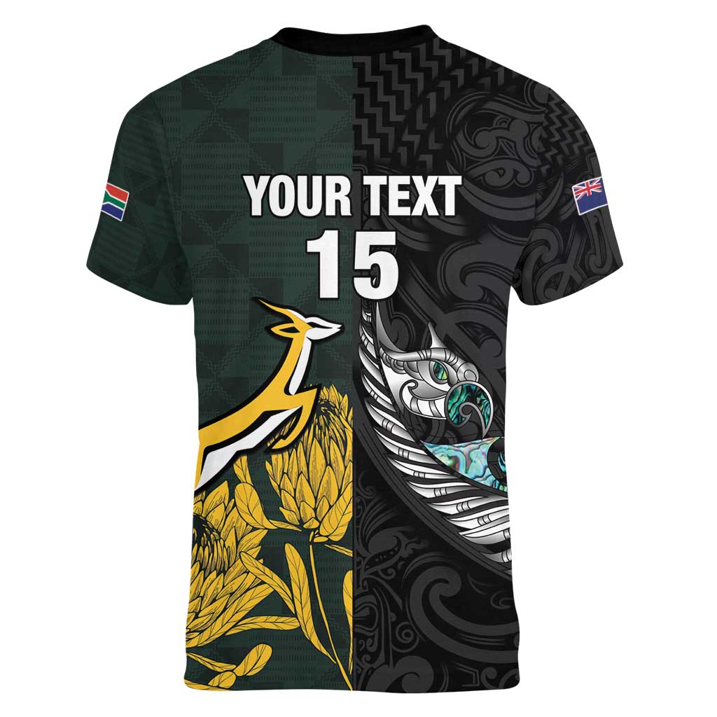 New Zealand and South Africa Rugby Custom Women V-Neck T-Shirt Silver Fern With Springboks LT15 - Polynesian Pride