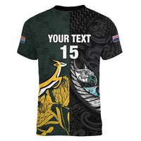 New Zealand and South Africa Rugby Custom Women V-Neck T-Shirt Silver Fern With Springboks LT15 - Polynesian Pride