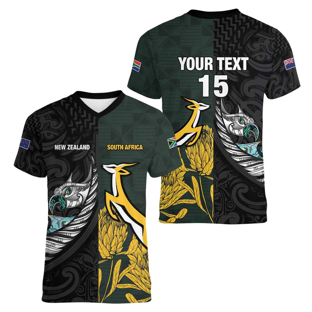 New Zealand and South Africa Rugby Custom Women V-Neck T-Shirt Silver Fern With Springboks LT15 - Polynesian Pride