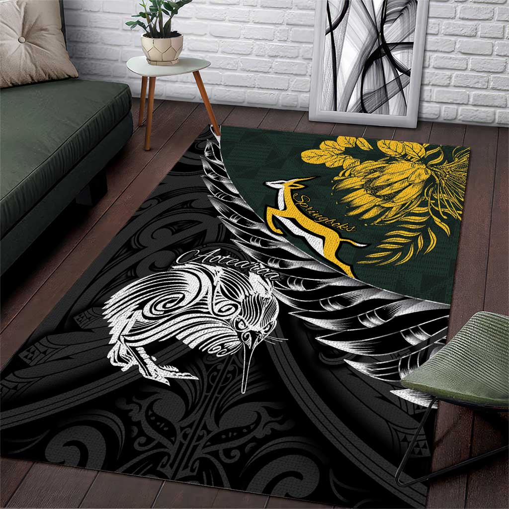 New Zealand and South Africa Rugby Area Rug Maori Kiwi With Springboks LT15 Black - Polynesian Pride