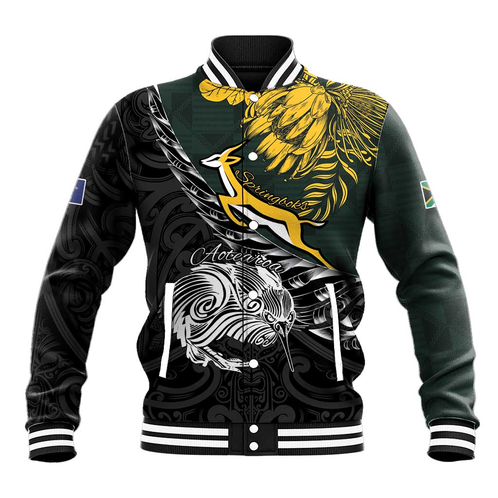 New Zealand and South Africa Rugby Personalised Baseball Jacket Maori Kiwi With Springboks LT15 Unisex Black - Polynesian Pride