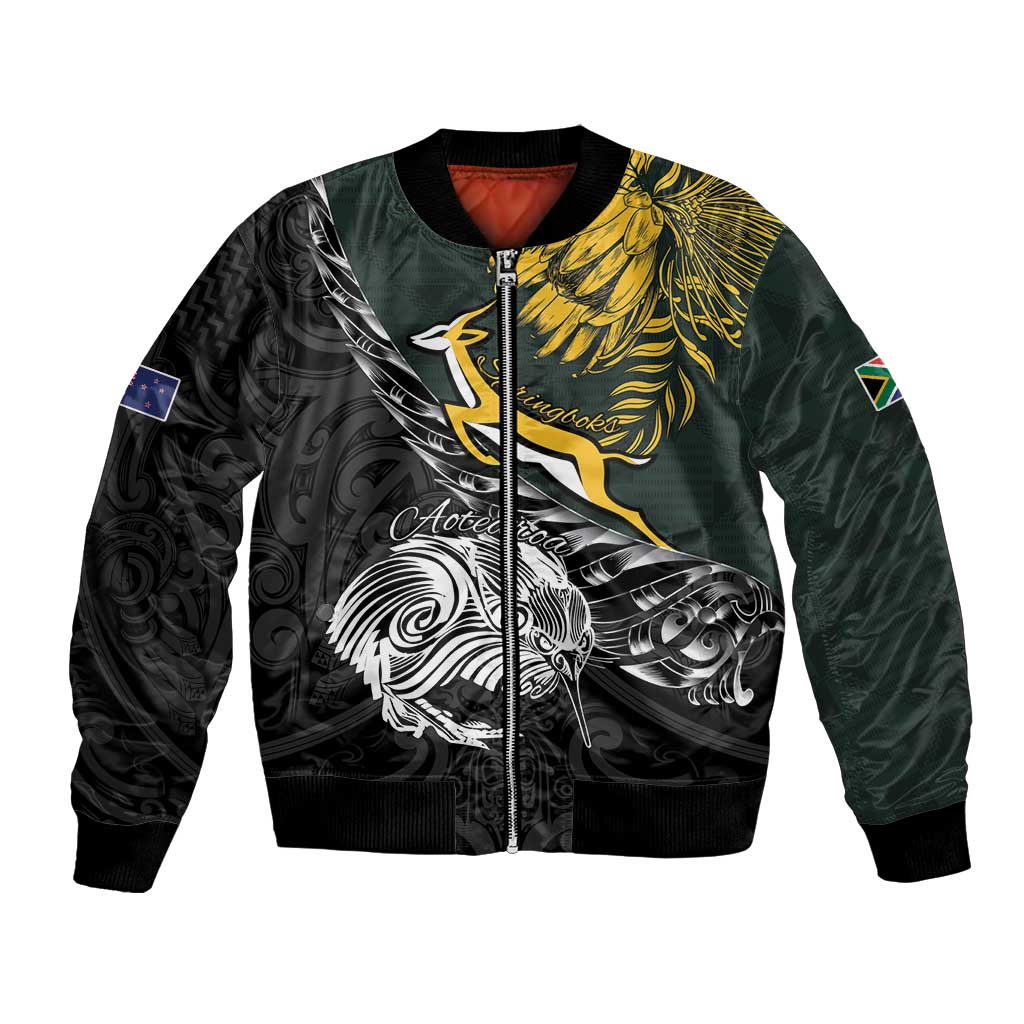 New Zealand and South Africa Rugby Personalised Bomber Jacket Maori Kiwi With Springboks LT15 Unisex Black - Polynesian Pride
